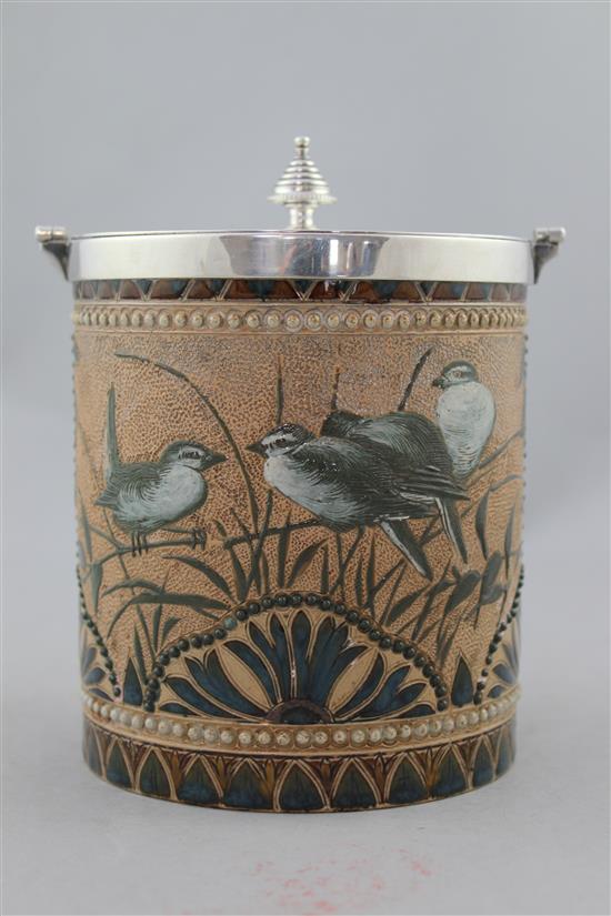 A Doulton Lambeth stoneware biscuit barrel, by Florence E. Barlow, dated 1884, 16cm. to finial